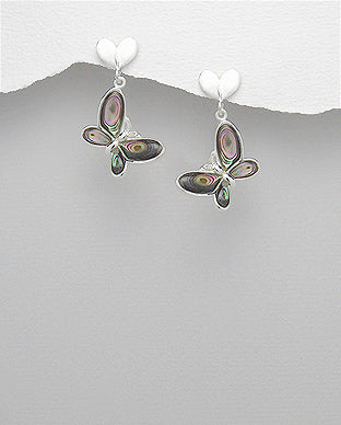Sterling Silver Heart, Butterfly Abalone Shell Earrings