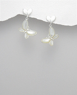 Sterling Silver Heart, Butterfly Abalone Shell Earrings
