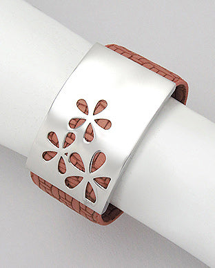 Light Brown Leather, Stainless Steel Cuff - Flower