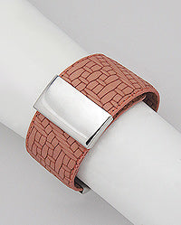 Light Brown Leather, Stainless Steel Cuff - Flower
