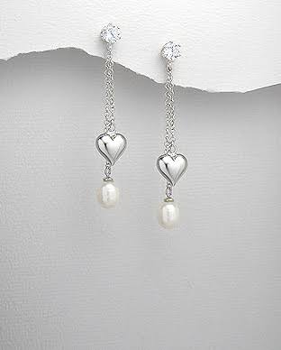 Sterling Silver, Heart, Drop, Fresh Water Pearls Earrings