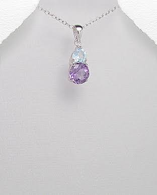 Sterling Silver Drop Pendant with Amethyst and Aquamarine - Chain not included