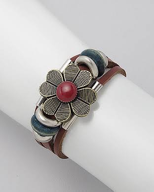 Leather bracelet with Flower, Silver